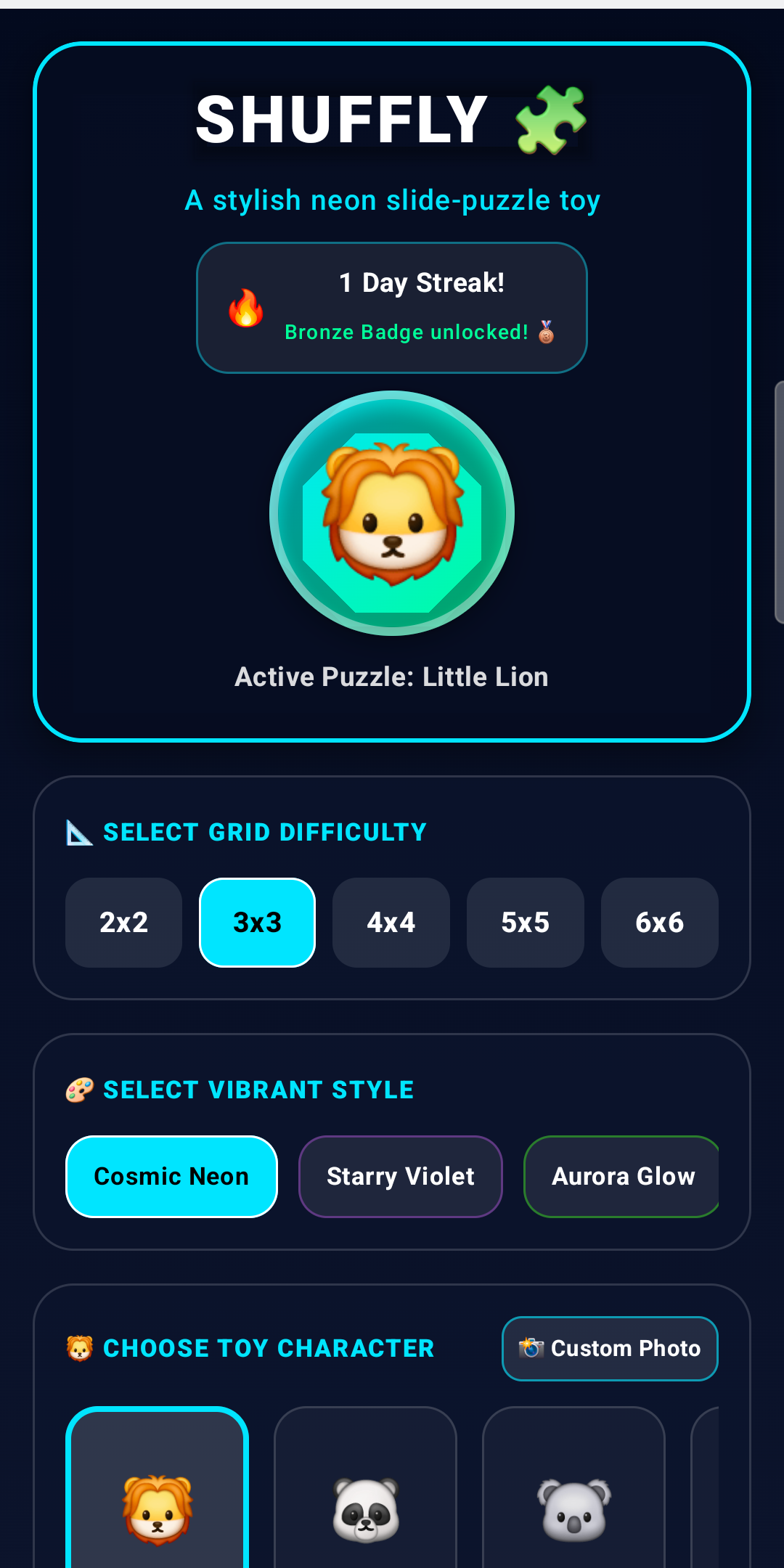 Shuffly home screen with the lion puzzle
